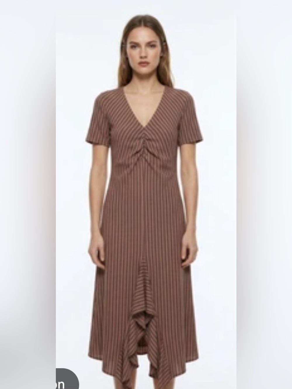 Zara Mauve and Black Striped Midi Dress with Front Ruched Detail